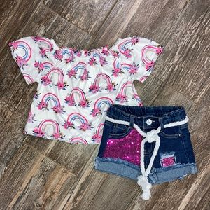 NWOT Floral and Rainbow Top & Sequin Shorts Matching Outfit Set